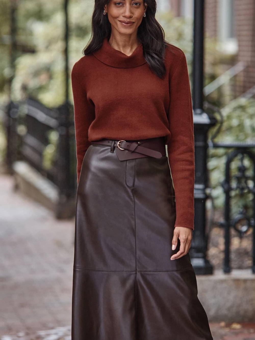 J.Jill Faux Leather Seamed A-Line Midi Skirt Nightshade Brown MT NWT
